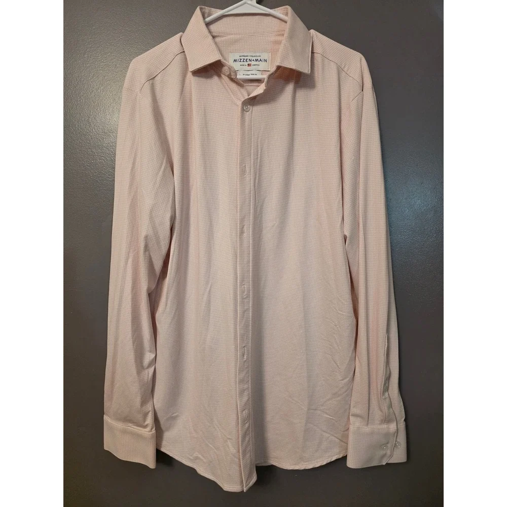 Mizzen+Main Spinnaker Pink Micro Check Performance Dress Shirt XL Trim Fit Mens